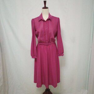 Vintage Day Dress sz 12 Petite Pink Raspberry Belted Button Front A-line